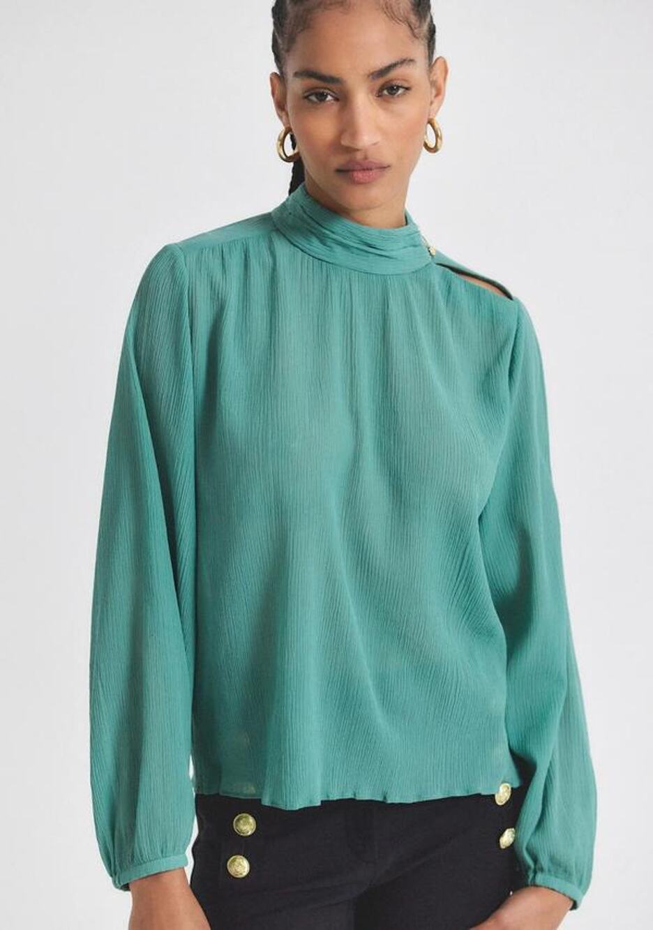 Derek Lam 10 Crosby Nadja Blouse Juniper Green Teal S Mock Neck Luxe Chic NEW